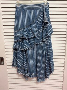 Blue Striped Ruffle Midi Skirt - Women's